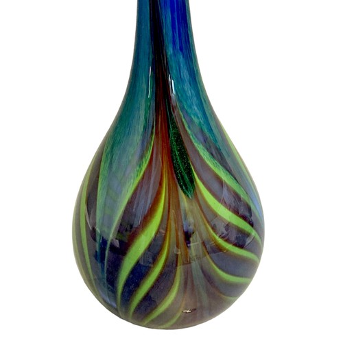 47 - French Signed A. Lane for La Verrerie de Biot studio Glass vase. Long necked with Bulbous peacock fe... 