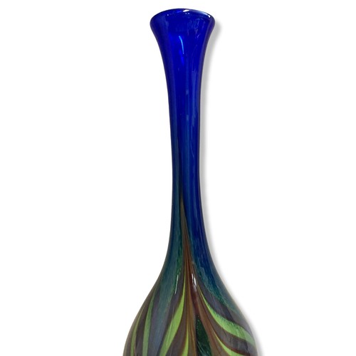 47 - French Signed A. Lane for La Verrerie de Biot studio Glass vase. Long necked with Bulbous peacock fe... 