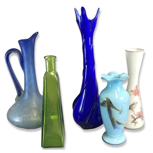 48 - Collection coloured glass vases including Cobalt finger vase & crackle glass ewer.