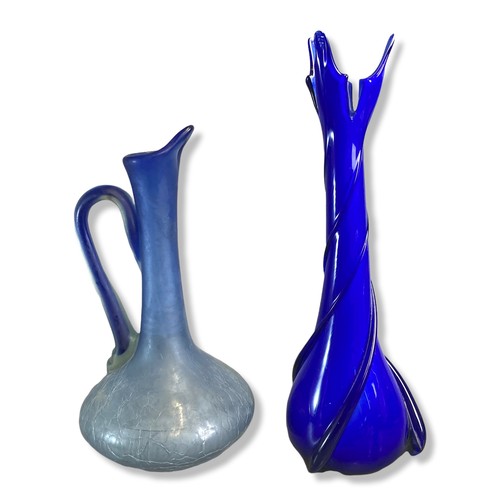 48 - Collection coloured glass vases including Cobalt finger vase & crackle glass ewer.