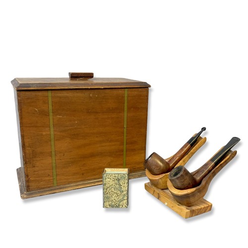 206 - Vintage Pipes & wooden Humidor box. With Pipe stand and Match vesta.