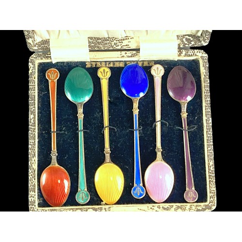 1 - Set of six David Andersen Silver gilt Guilloche enamel Spoons.