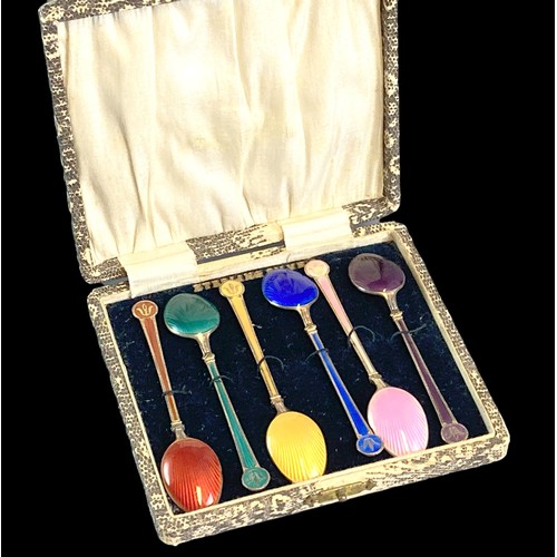 1 - Set of six David Andersen Silver gilt Guilloche enamel Spoons.