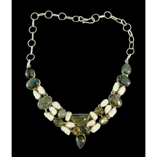 25 - Large white metal & Labradorite stone necklace.