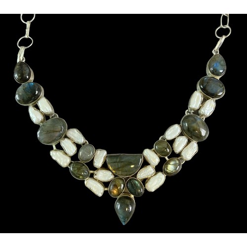 25 - Large white metal & Labradorite stone necklace.