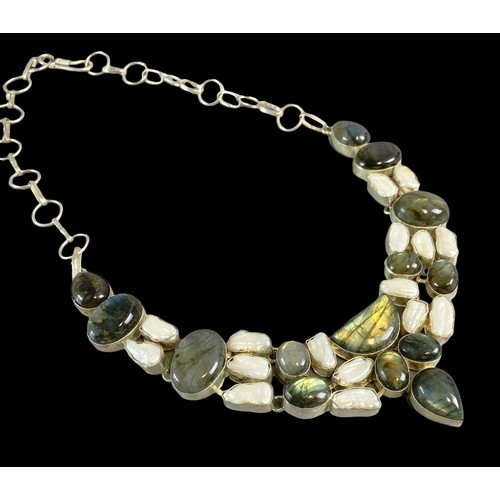 25 - Large white metal & Labradorite stone necklace.