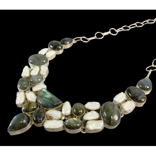 25 - Large white metal & Labradorite stone necklace.