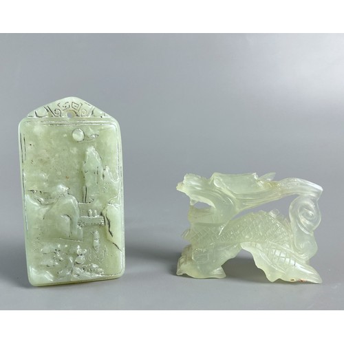 37 - Chinese Nephrite Jade pendant token together with a carved Dragon. 
Token - 6 x 3cm & Dragon 14 x 3.... 