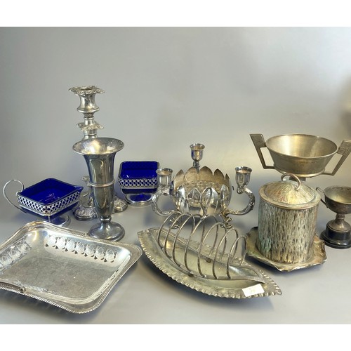 231 - A Job lot of Silver plated wares including Tobacco Jar, trophies, vases, candlesticks etc.