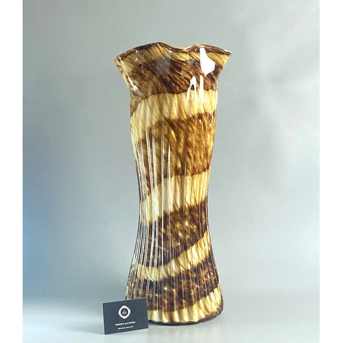 57 - A Very large vintage Hand-blown Art glass vase. Signed to base. Ribbed effect in mottled browns.
51c... 