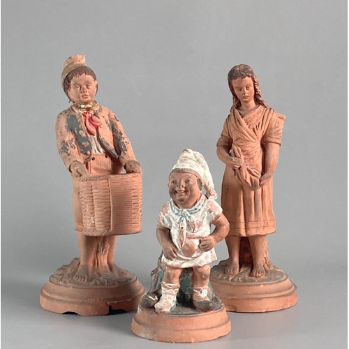 100 - Three Victorian French terracotta figures together with pair Belvedere wall plaques.