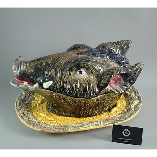 112 - Very Rare Bordallo Pinheiro Majolica Boars head Tureen. With original stand. Large example. Circa 19... 