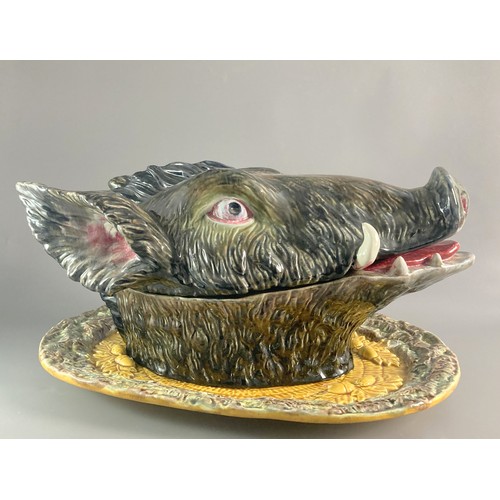 112 - Very Rare Bordallo Pinheiro Majolica Boars head Tureen. With original stand. Large example. Circa 19... 