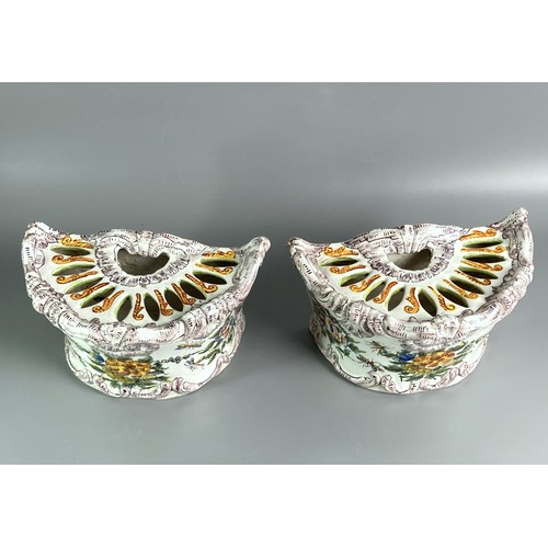 116 - A Pair of Adrian Pynacker style Delft pottery Bough pots. Hand-painted with sprays of flowers & inse... 