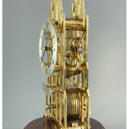 75 - F.W Eliiot of London Skeleton clock in glass dome. Architectural Cathedral design with chain driven ... 