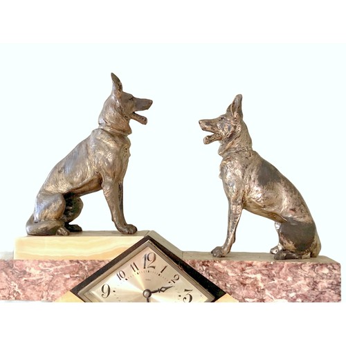 77 - Large Art Deco marble Ucra mantle clock & Garniture.  Mounted with two large Metal German Shepherd d... 