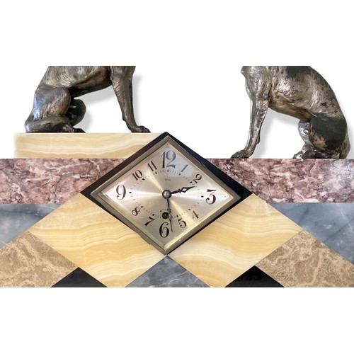 77 - Large Art Deco marble Ucra mantle clock & Garniture.  Mounted with two large Metal German Shepherd d... 