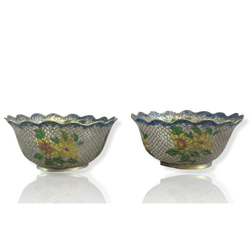 201 - Pair of Chinese Plique-a-Jour Cloisonné bowls. Decorated with sprays of blossoming flowers.
5.5 x 12... 