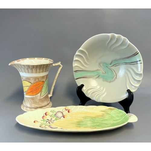 126 - Three Art Deco pottery including Clarice Cliff Dish. Hand painted Jug, Clarice Cliff dish & Dumler &... 