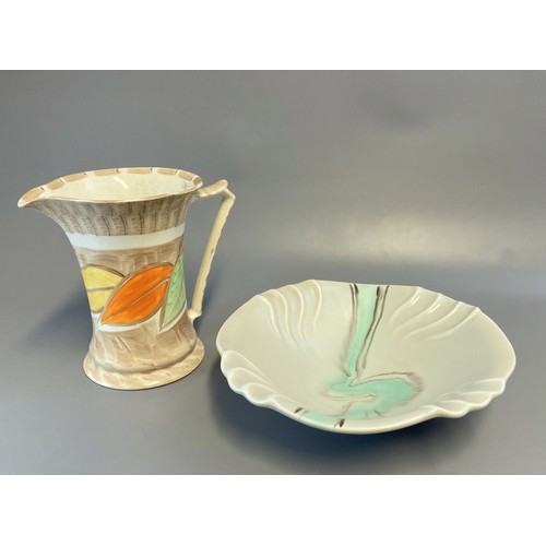 126 - Three Art Deco pottery including Clarice Cliff Dish. Hand painted Jug, Clarice Cliff dish & Dumler &... 