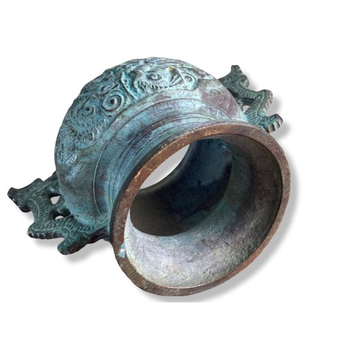 136 - Chinese Archaic style bronze twin handle censor. Decorated with flying Dragon amongst clouds. Twin D... 