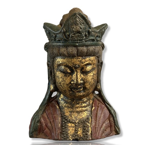 135 - Antique Qing dynasty Chinese Cast Iron Guanyin bust. hand-painted & gilded. 
19cm Tall