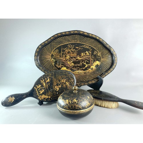 248 - Chinese lacquer ebonised Dressing table set . Including tray , Brush mirror & make-up box. Gilded ba... 