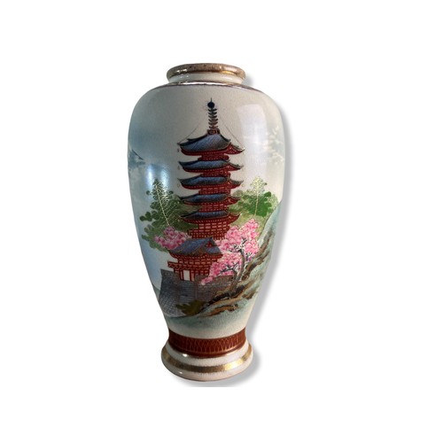 227 - Pair of Japanese Satsuma hand painted vases. beautifully painted Pagoda underneath Mt Fuji landscape... 