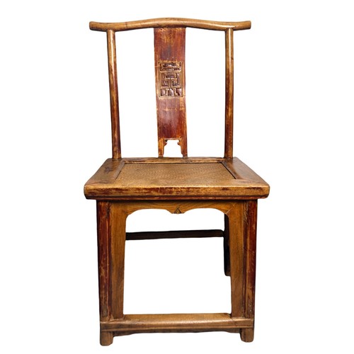 274 - Qing dynasty Chinese Elm Yoke back officials hat Chair. Signed to base. Rush seated.