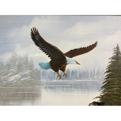 295 - Signed Original framed G. Jeffares Oil on canvas. Depicting an American Bald eagle in flight.
50.5 x... 