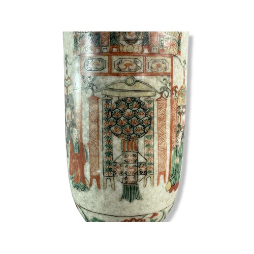 183 - Chinese Rouleau crackle glaze porcelain vase. Intricately painted Iron red & greens scenes. Signed t... 