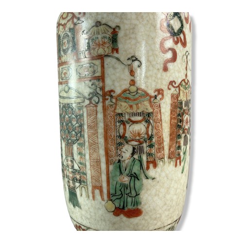 183 - Chinese Rouleau crackle glaze porcelain vase. Intricately painted Iron red & greens scenes. Signed t... 