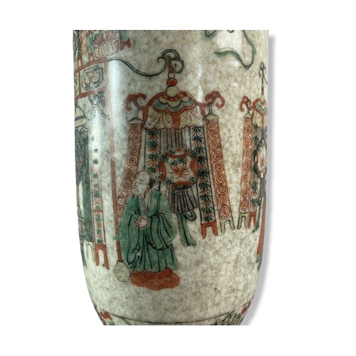 183 - Chinese Rouleau crackle glaze porcelain vase. Intricately painted Iron red & greens scenes. Signed t... 