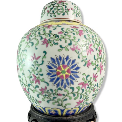 182 - Large Chinese porcelain Hand painted enamels Jar & Lid. Enamels painted scrolling stylised lotus pat... 