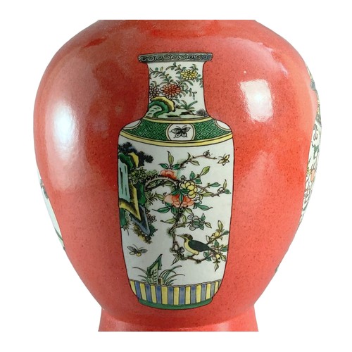 149 - Large pair of Chinese porcelain vases.  Coral red ground with painted Famille verte vases & teapots ... 