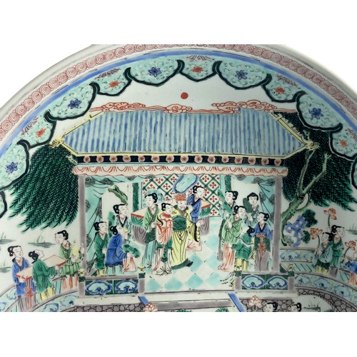 182 - Large Chinese Famille Verte porcelain dish. Elaborately hand-painted in a Famille Verte palette, pos... 