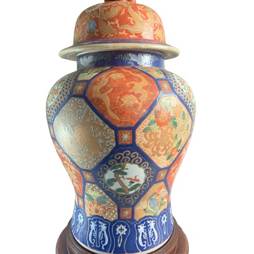 250 - Large hand painted Japanese Imari vase & cover.
On carved wooden base.
Signed to base.