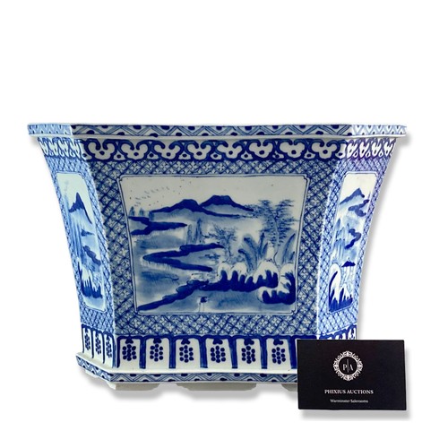 139 - Antique Chinese porcelain Hexagonal planter. Hand-painted blue & white landscape scenes with stylise... 