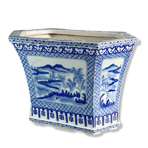 139 - Antique Chinese porcelain Hexagonal planter. Hand-painted blue & white landscape scenes with stylise... 