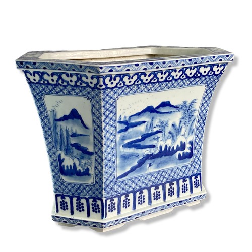 139 - Antique Chinese porcelain Hexagonal planter. Hand-painted blue & white landscape scenes with stylise... 