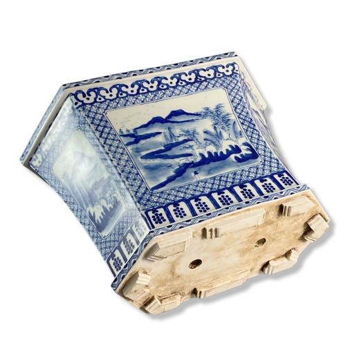 139 - Antique Chinese porcelain Hexagonal planter. Hand-painted blue & white landscape scenes with stylise... 