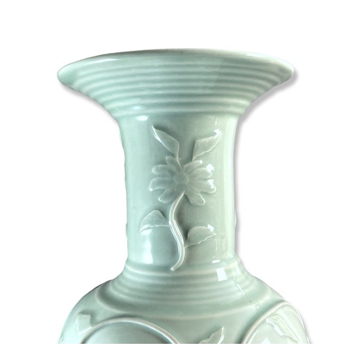 140 - Large mid-century Chinese Celadon Longquan style vase. Relief decorated with stylised scrolling moti... 