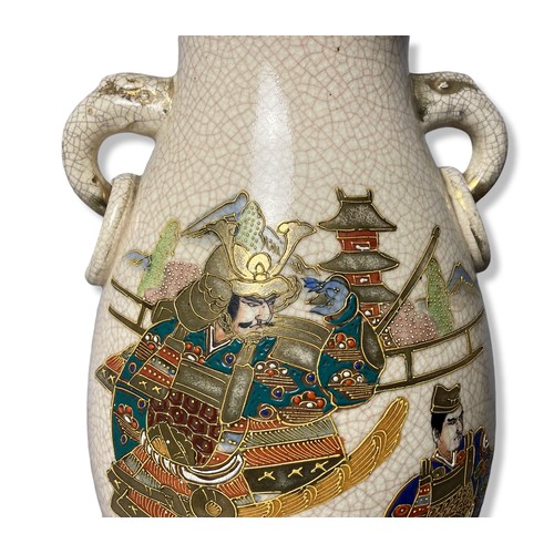 251 - Large pair of Japanese Satsuma pottery vases. Painted & gilded with relief lining, depicting Samurai... 