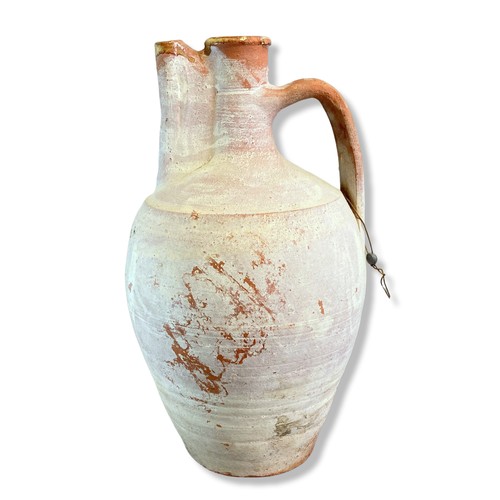 119 - Three large antique Continental pottery Jugs. Including painted Slip Pitcher, A tall Amphora pottery... 