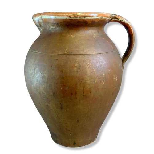 119 - Three large antique Continental pottery Jugs. Including painted Slip Pitcher, A tall Amphora pottery... 