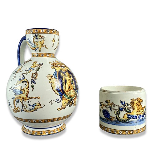 98 - Two Victorian French Gein Faience Jug and Tobacco jar . Beautifully hand painted renaissance scenes.... 