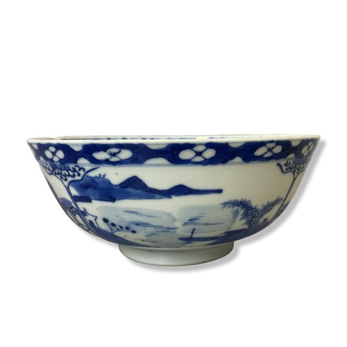 192 - A 19th century Chinese blue & white porcelain bowl. hand-painted panelled scenes. With Prunus border... 