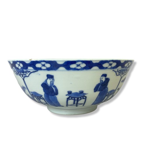 192 - A 19th century Chinese blue & white porcelain bowl. hand-painted panelled scenes. With Prunus border... 