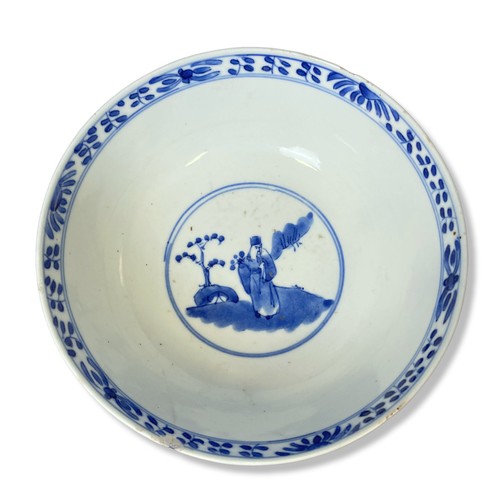 192 - A 19th century Chinese blue & white porcelain bowl. hand-painted panelled scenes. With Prunus border... 