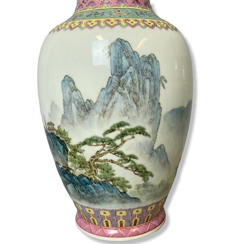 194 - 20th Century hand painted Chinese porcelain Poem vase. Over-glaze painted mountainous landscape scen... 